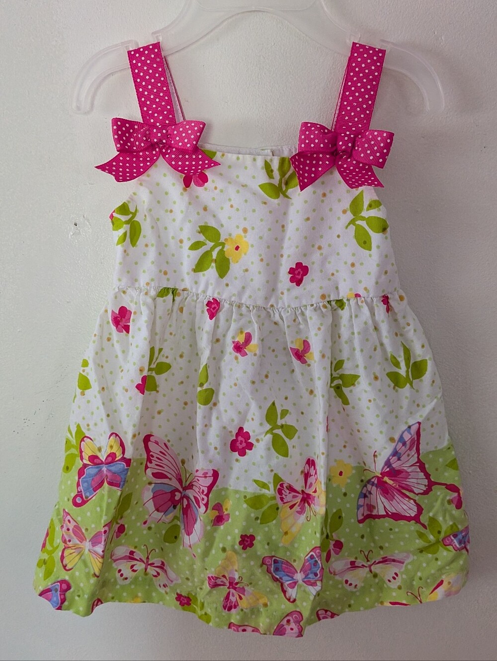 Bonnie Baby Butterfly Cotton Dress Pink & White Polka Dot Ribbon Straps